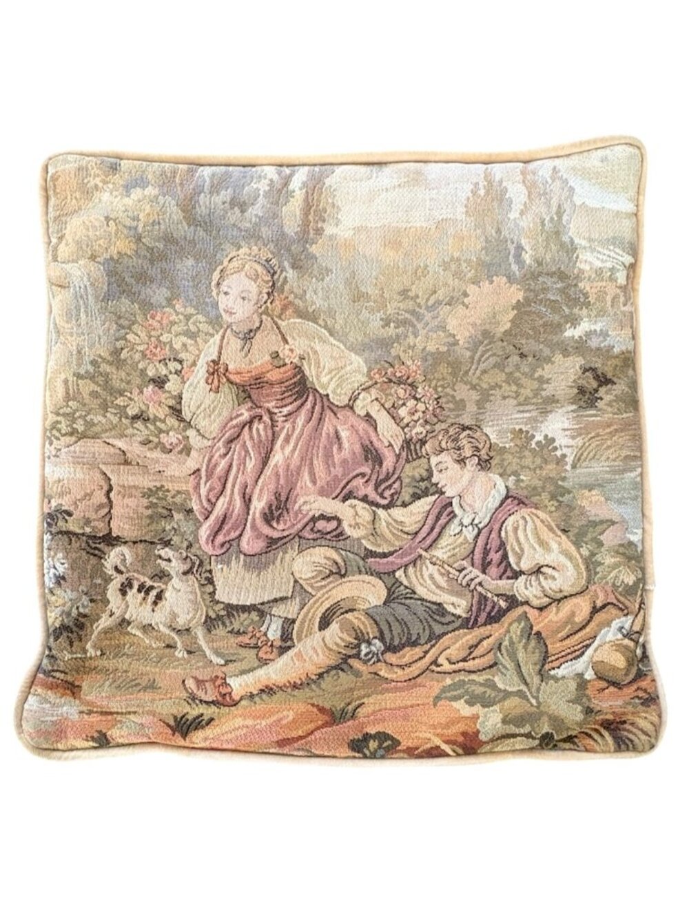 French Aubusson Style Tapestry Pillow Cover Pastoral Courting Scene Velvet Back